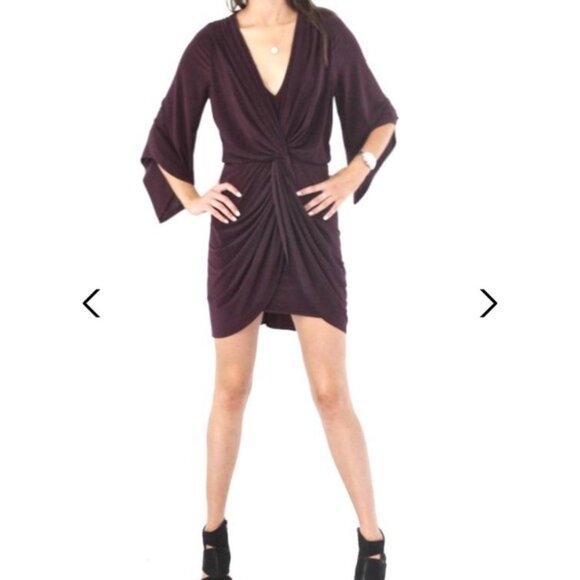 Misa Los Angeles Teget Twist Front Draped Mini Dress Bell Sleeves Plum Purple Si - Picture 2 of 14